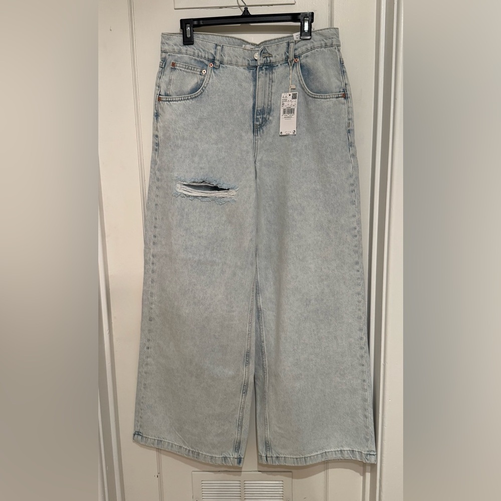 Mango Light Wash Wide-Leg Distressed Jeans